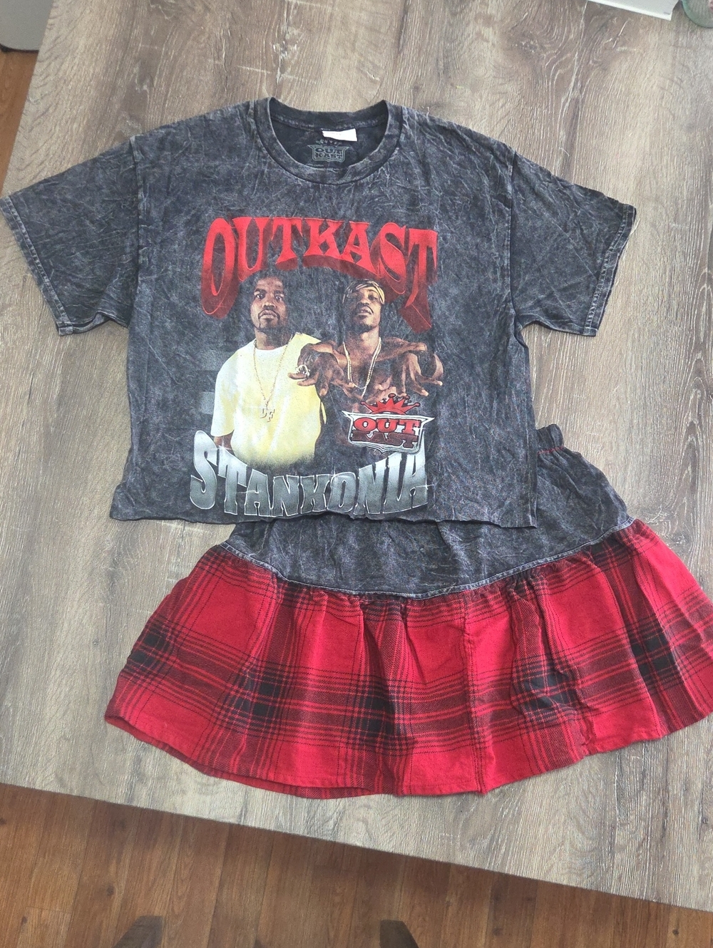 1 Of 1 Upcycled Outkast Graphic Tee & Martching Buffalo Plaid Flannel Skirt Set